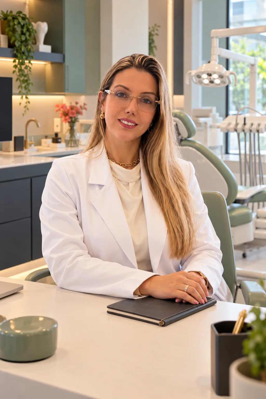 Dra. Simone Silva sentada em seu consultório